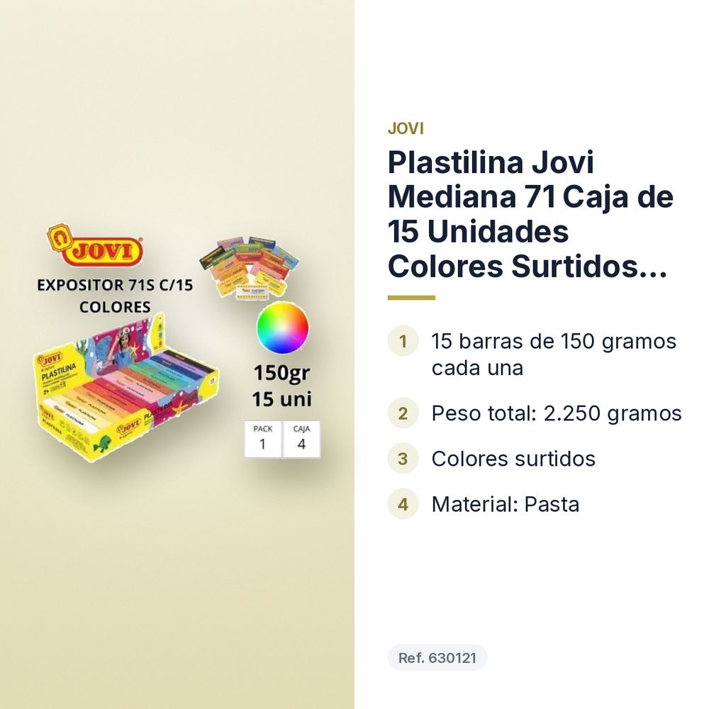 PLASTILINA JOVI MEDIANA 71 CAJA DE 15 UNIDADES COLORES SURTIDOS 150G - características principales
