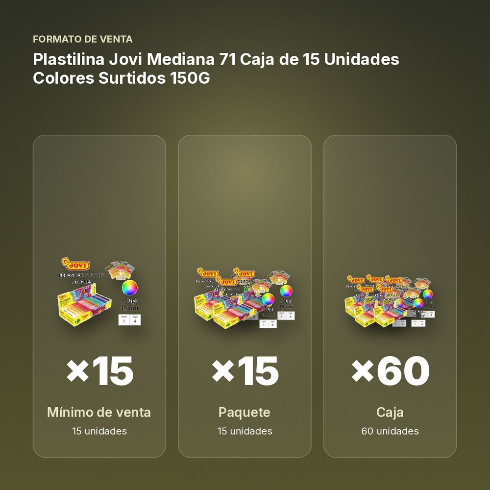 PLASTILINA JOVI MEDIANA 71 CAJA DE 15 UNIDADES COLORES SURTIDOS 150G - formato de venta: paquete de 15, caja de 60