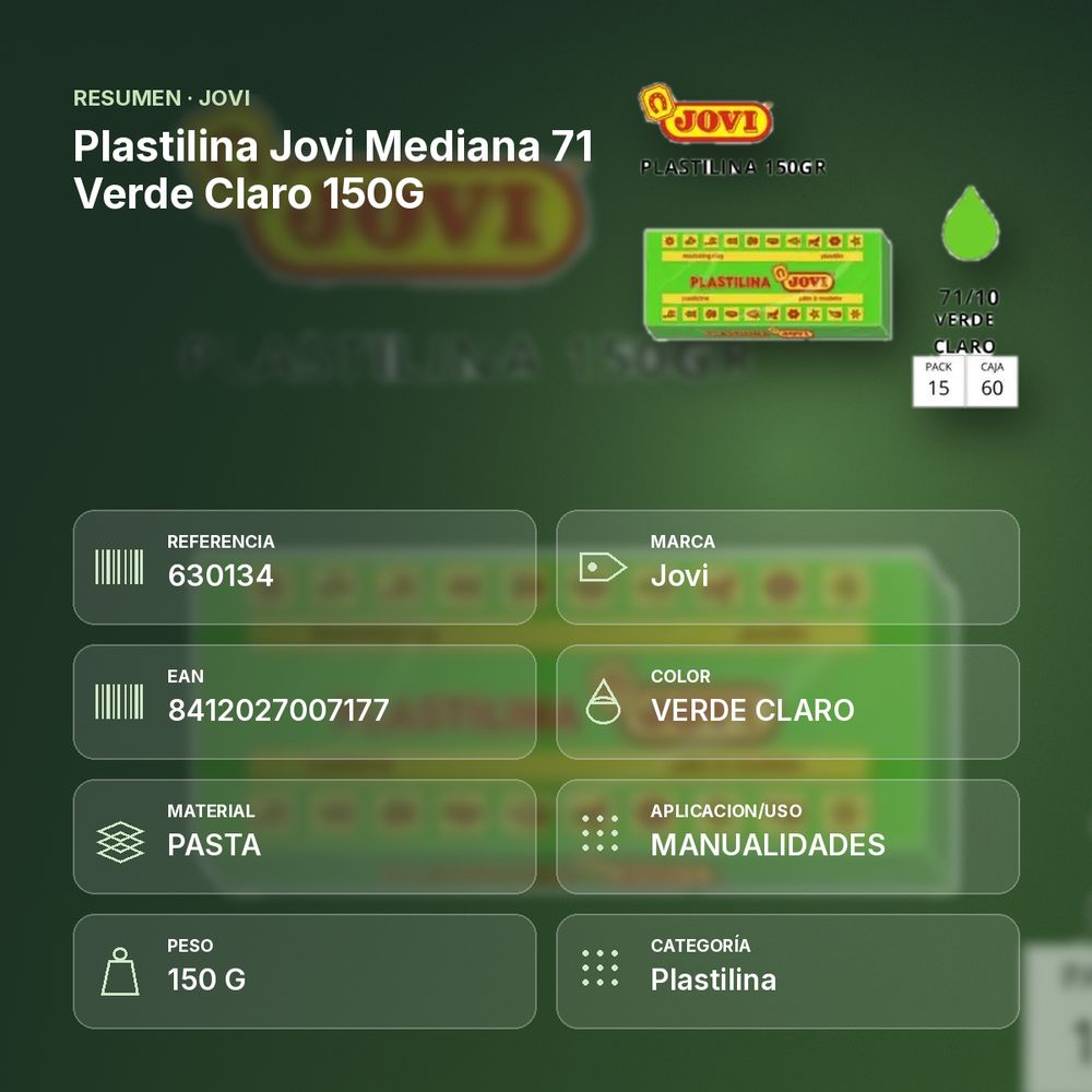 PLASTILINA JOVI MEDIANA 71 VERDE CLARO 150G - resumen de atributos