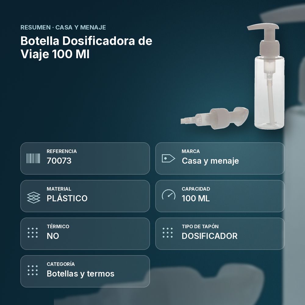 BOTELLA DOSIFICADORA DE VIAJE 100 ML  - resumen de atributos