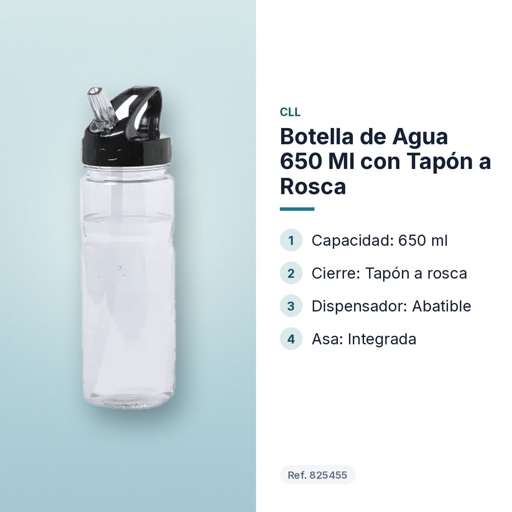 BOTELLA DE AGUA 650 ML CON TAPÓN A ROSCA - características principales