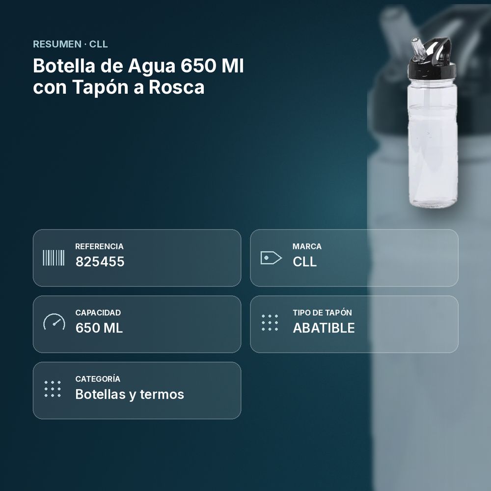 BOTELLA DE AGUA 650 ML CON TAPÓN A ROSCA - resumen de atributos