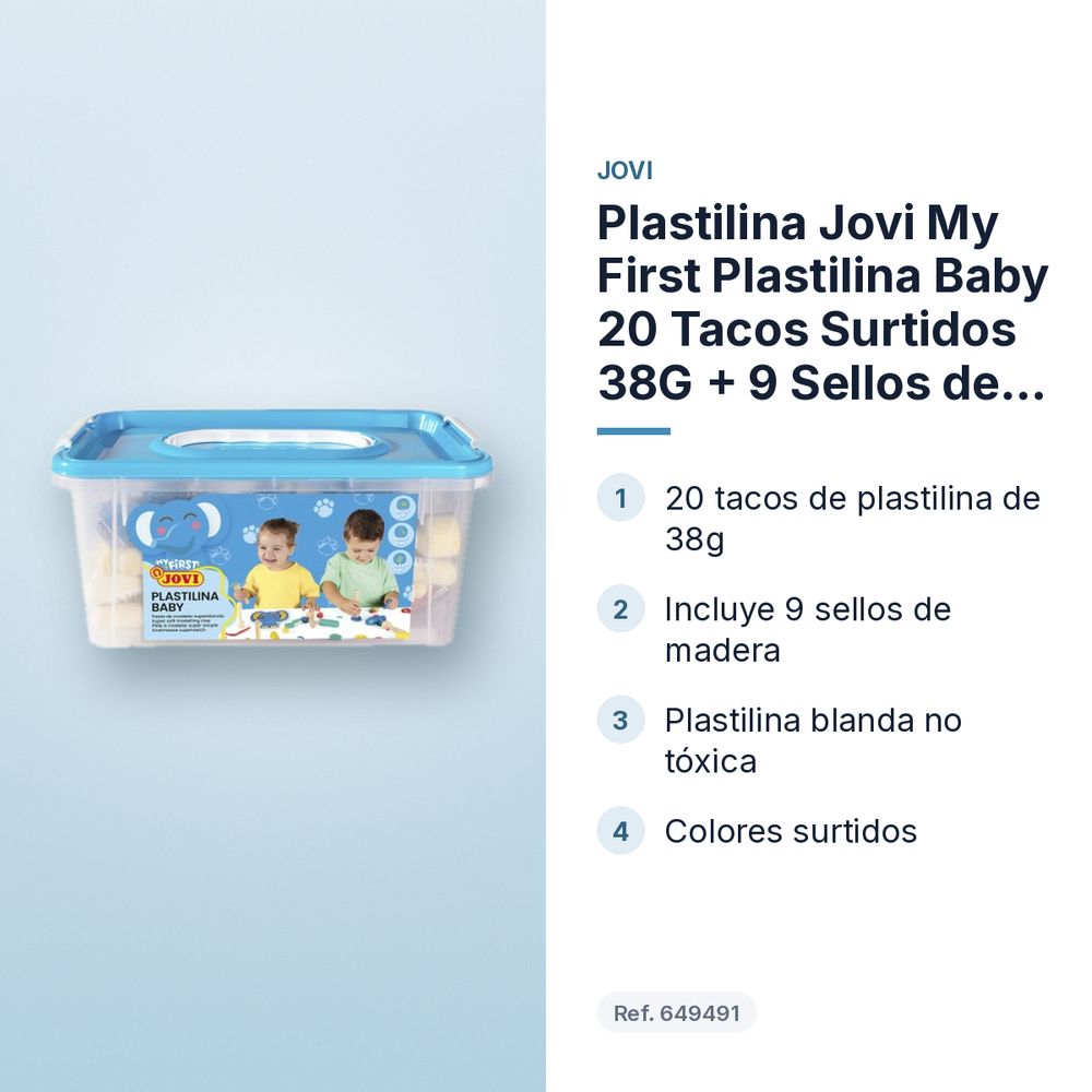 PLASTILINA JOVI MY FIRST PLASTILINA BABY 20 TACOS SURTIDOS 38G + 9 SELLOS DE MADERA - características principales