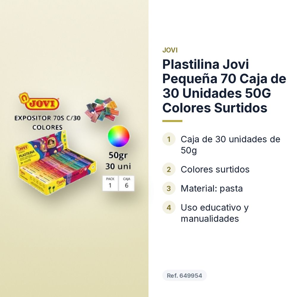 PLASTILINA JOVI PEQUEÑA 70 CAJA DE 30 UNIDADES 50G COLORES SURTIDOS - características principales
