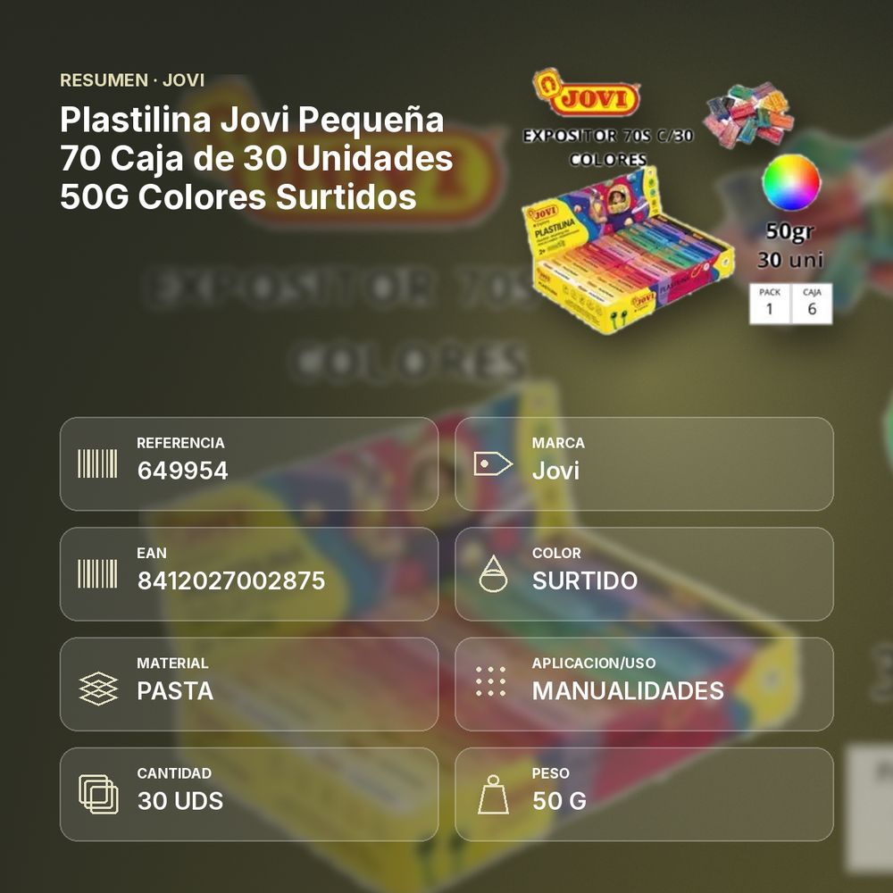 PLASTILINA JOVI PEQUEÑA 70 CAJA DE 30 UNIDADES 50G COLORES SURTIDOS - resumen de atributos