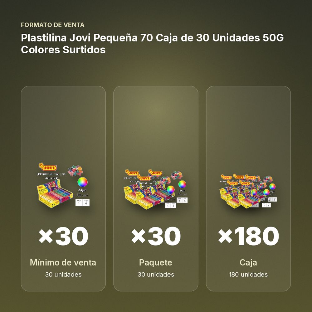 PLASTILINA JOVI PEQUEÑA 70 CAJA DE 30 UNIDADES 50G COLORES SURTIDOS - formato de venta: paquete de 30, caja de 180