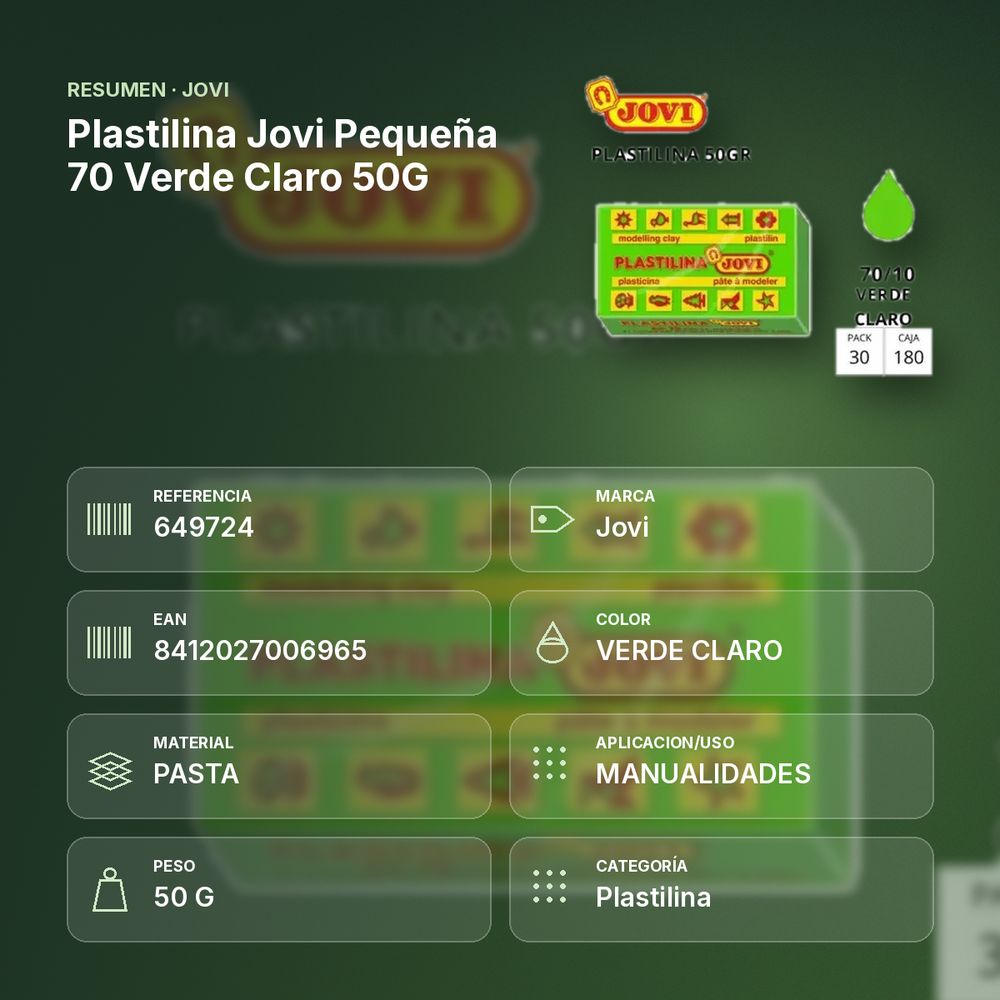 PLASTILINA JOVI PEQUEÑA 70 VERDE CLARO 50G - resumen de atributos