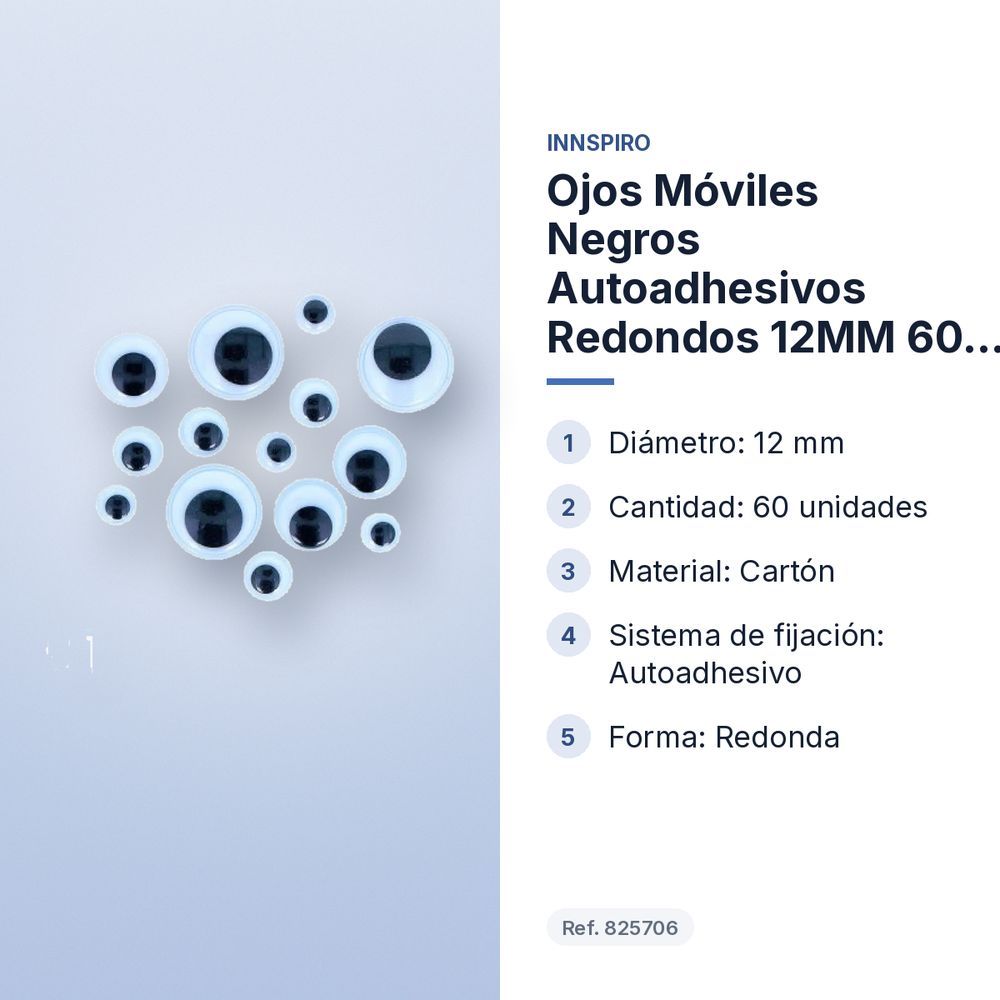 OJOS MÓVILES NEGROS AUTOADHESIVOS REDONDOS 12MM 60 UNIDADES - características principales
