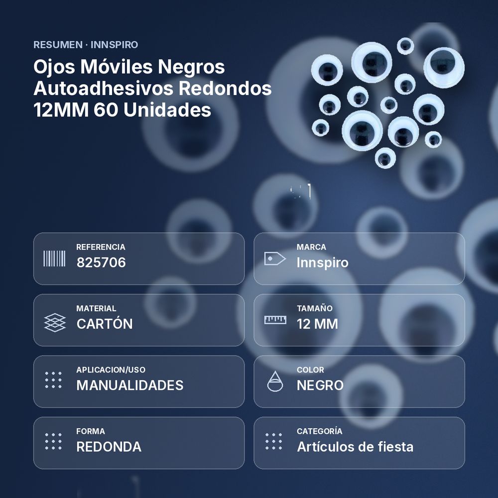OJOS MÓVILES NEGROS AUTOADHESIVOS REDONDOS 12MM 60 UNIDADES - resumen de atributos