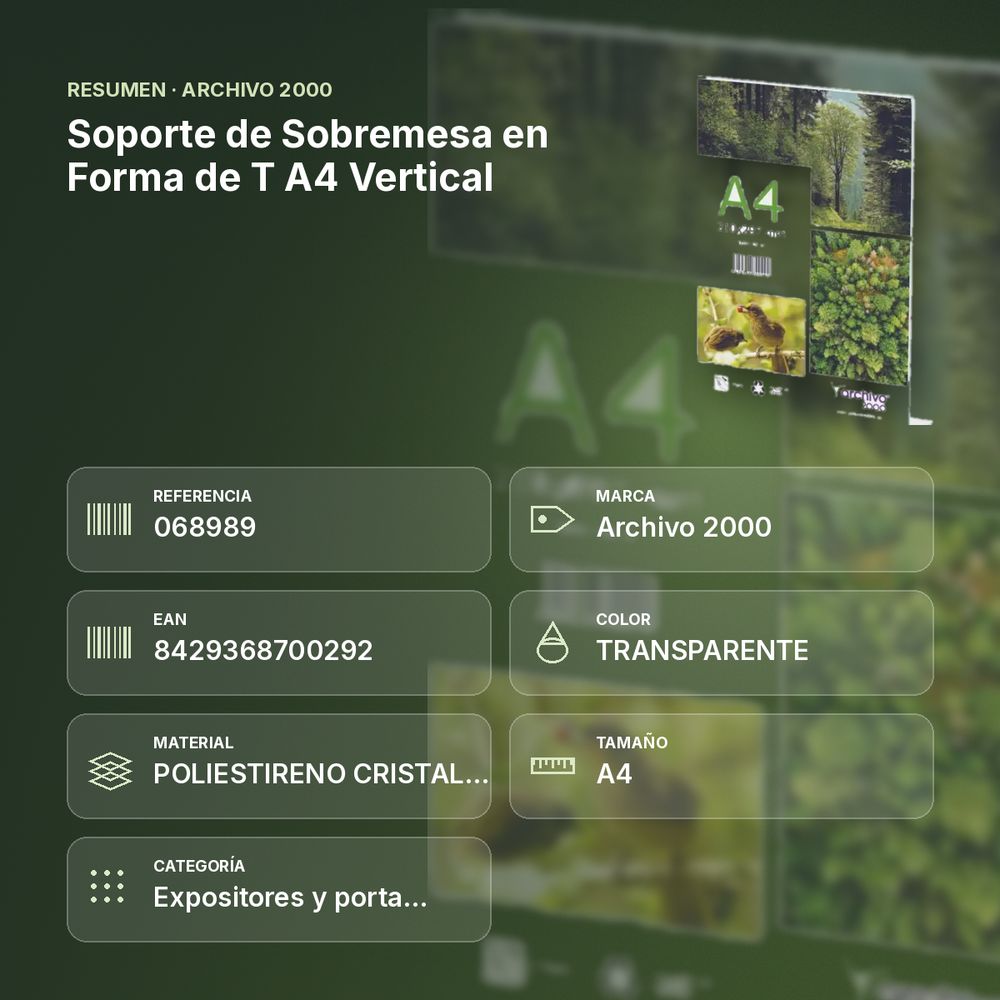 SOPORTE DE SOBREMESA EN FORMA DE T  A4 VERTICAL - resumen de atributos