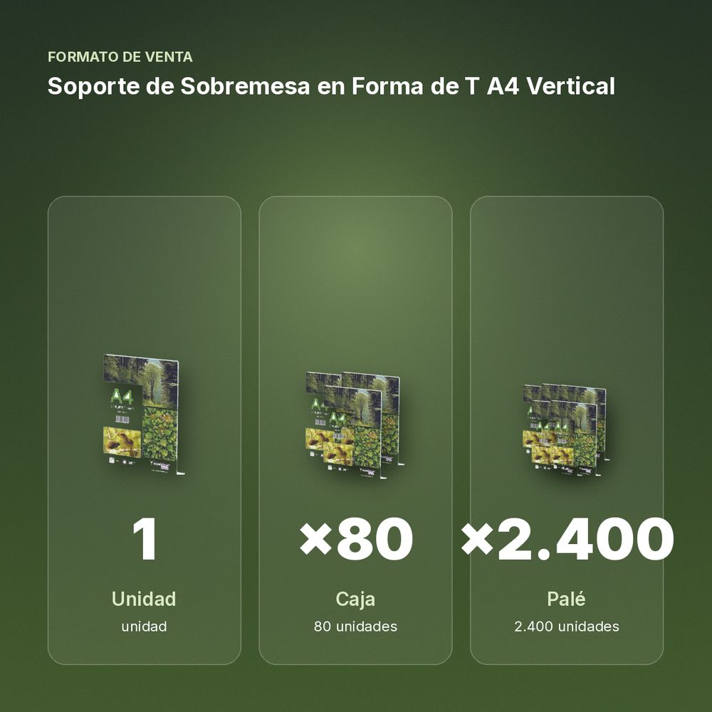 SOPORTE DE SOBREMESA EN FORMA DE T  A4 VERTICAL - formato de venta: caja de 80, palé de 2400