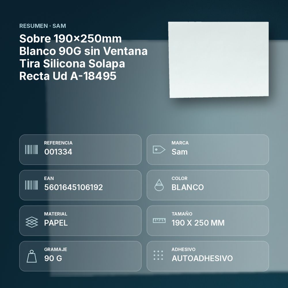 SOBRE 190X250MM BLANCO 90G SIN VENTANA TIRA SILICONA SOLAPA RECTA UD A-18495 - resumen de atributos