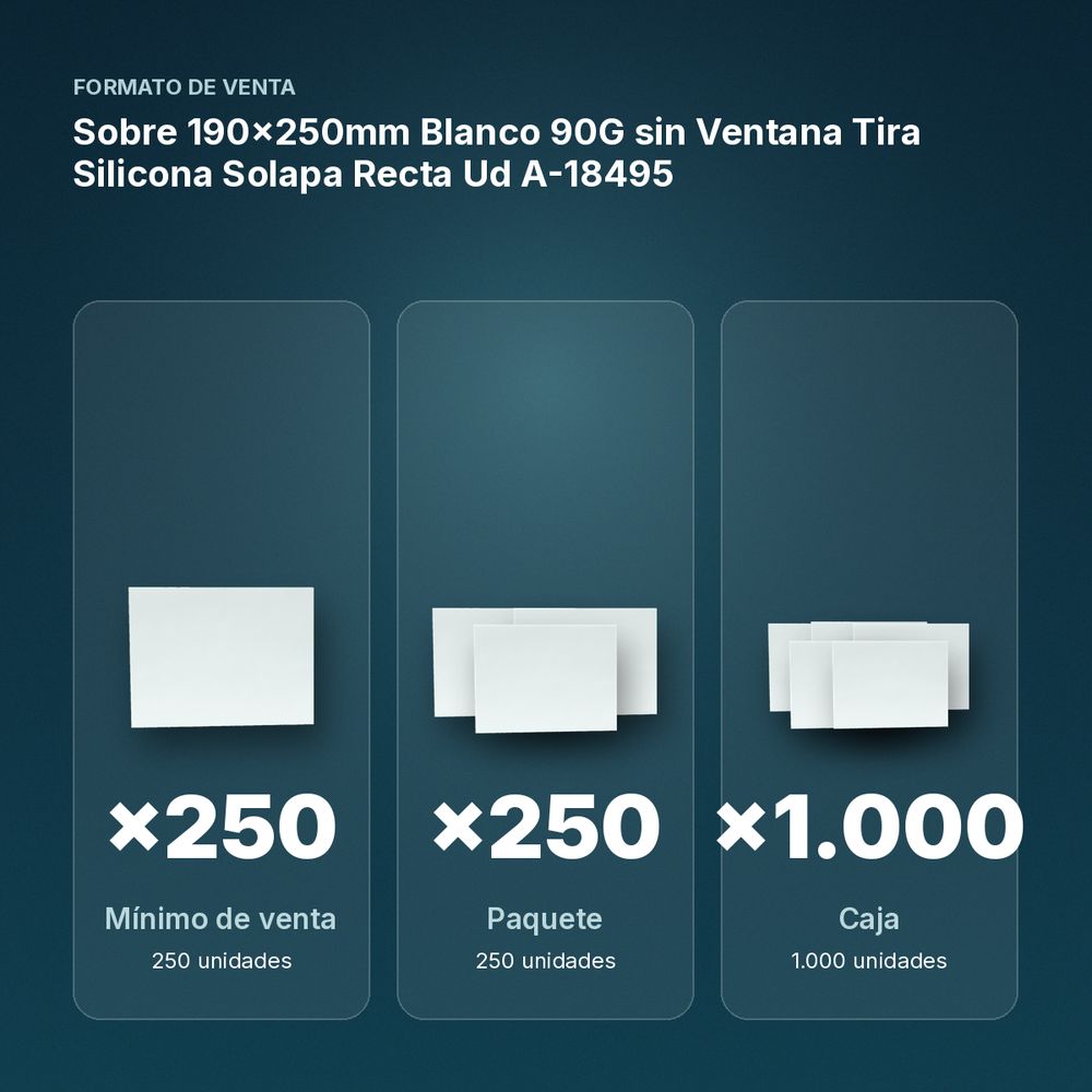 SOBRE 190X250MM BLANCO 90G SIN VENTANA TIRA SILICONA SOLAPA RECTA UD A-18495 - formato de venta: paquete de 250, caja de 1000