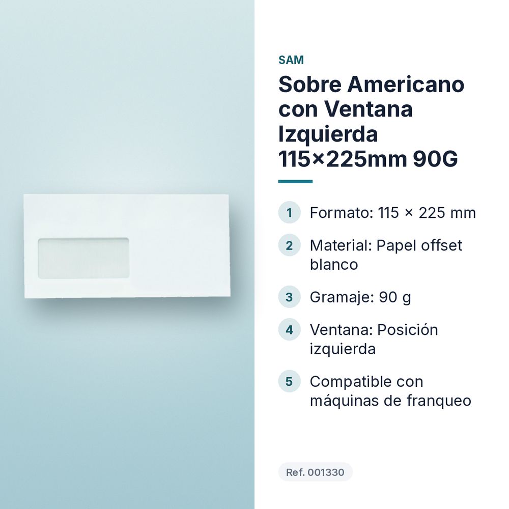 SOBRE AMERICANO CON VENTANA IZQUIERDA 115X225MM 90G - características principales