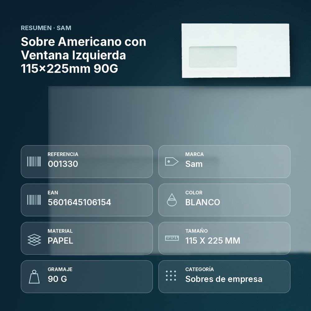 SOBRE AMERICANO CON VENTANA IZQUIERDA 115X225MM 90G - resumen de atributos