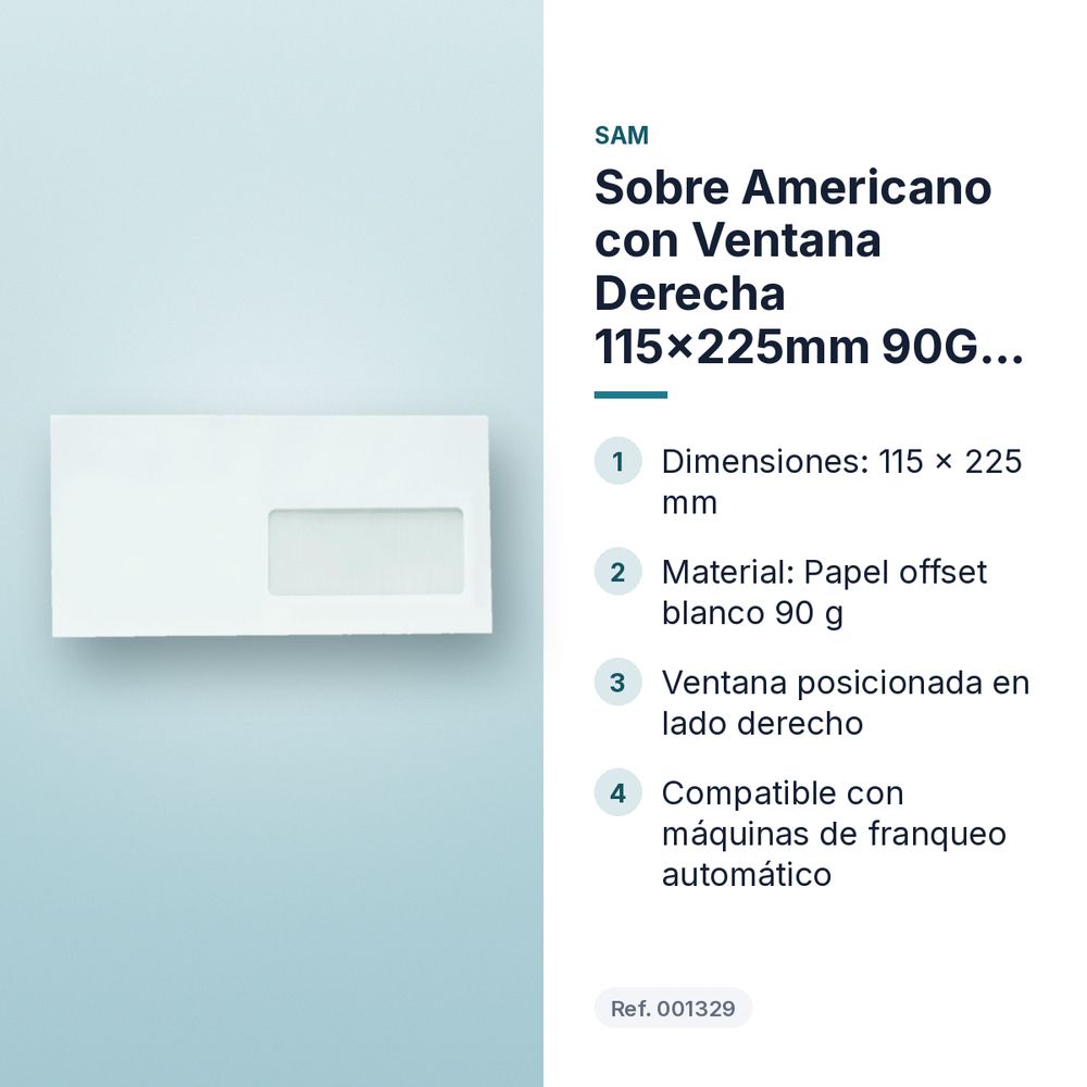 SOBRE AMERICANO CON VENTANA DERECHA 115X225MM 90G SOLAPA RECTA - características principales