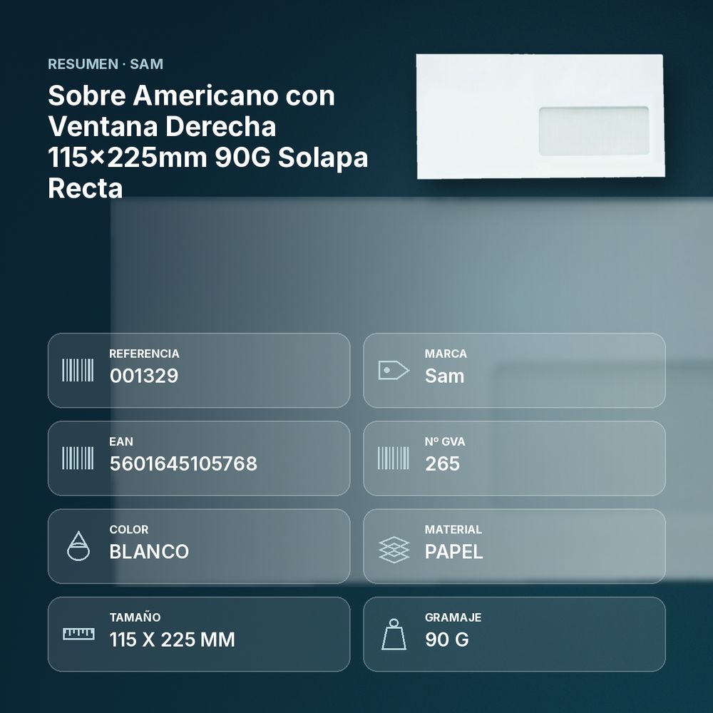 SOBRE AMERICANO CON VENTANA DERECHA 115X225MM 90G SOLAPA RECTA - resumen de atributos