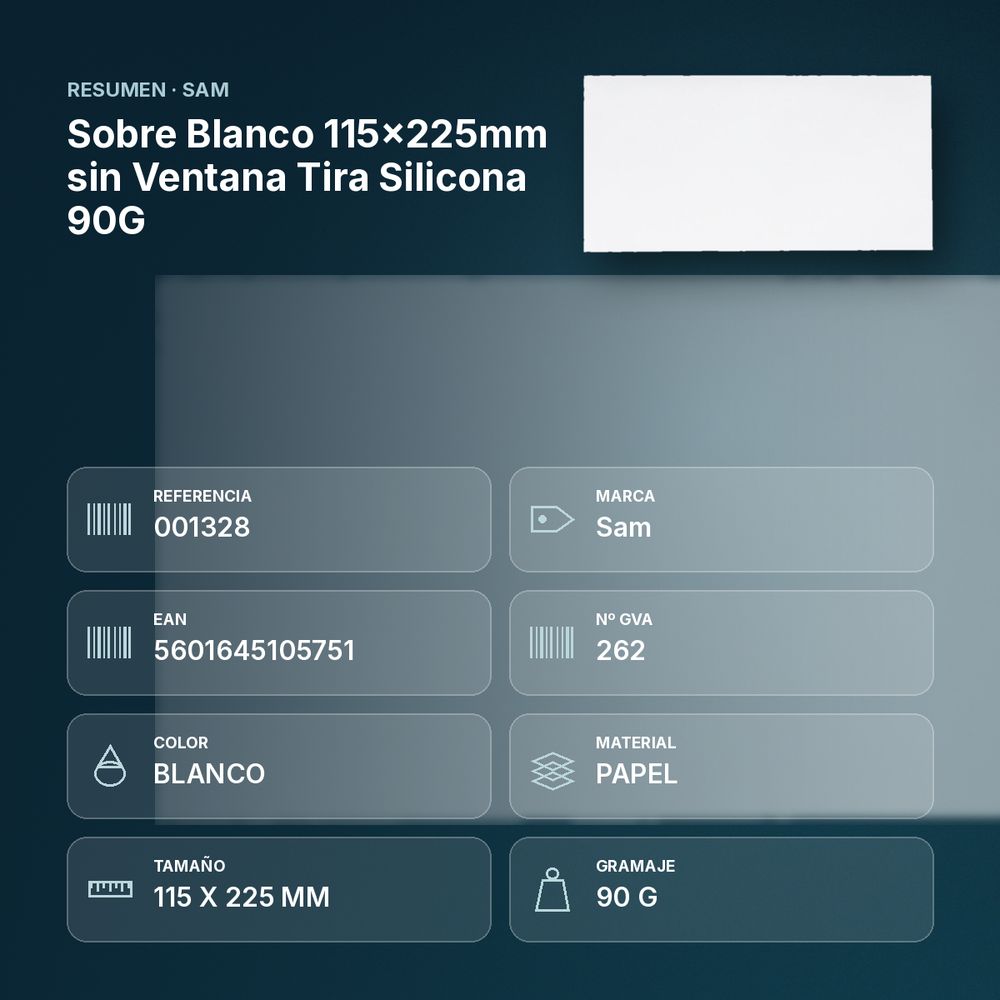 SOBRE BLANCO 115X225MM SIN VENTANA TIRA SILICONA 90G  - resumen de atributos