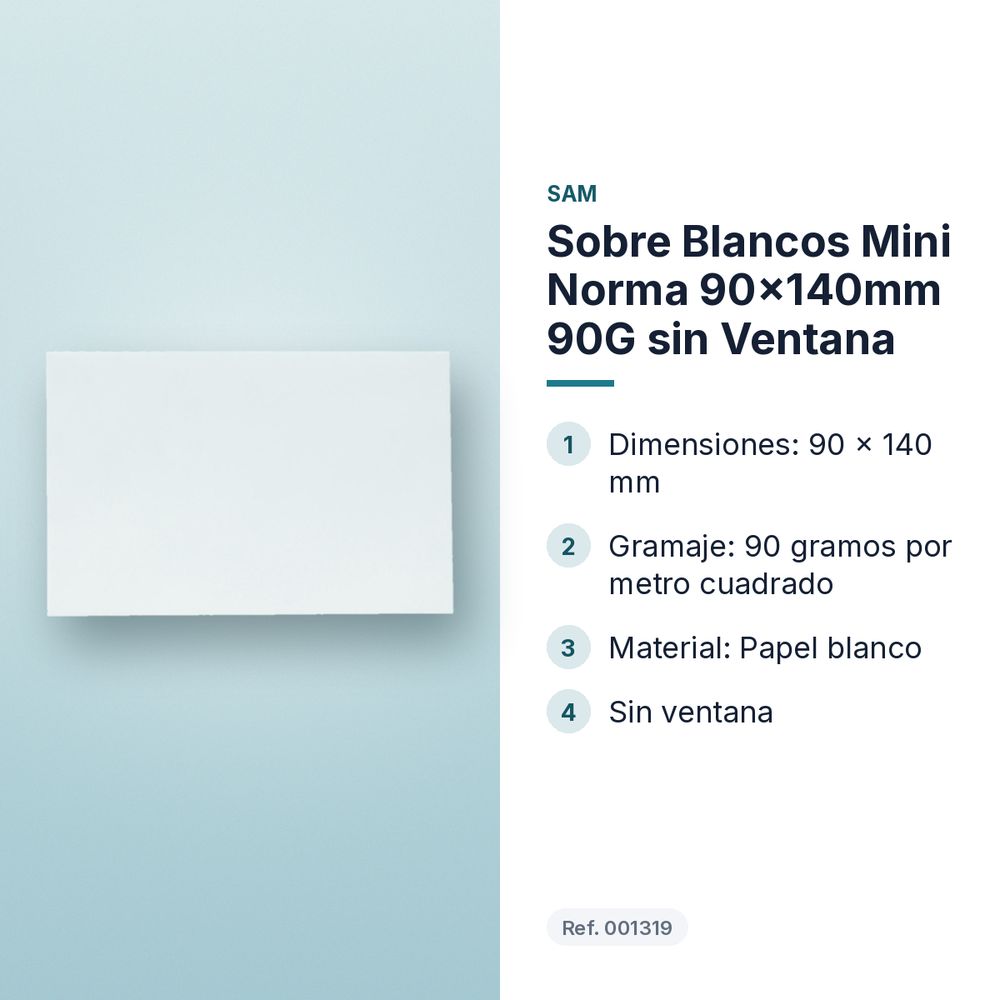 SOBRE BLANCOS MINI NORMA 90X140MM 90G SIN VENTANA - características principales