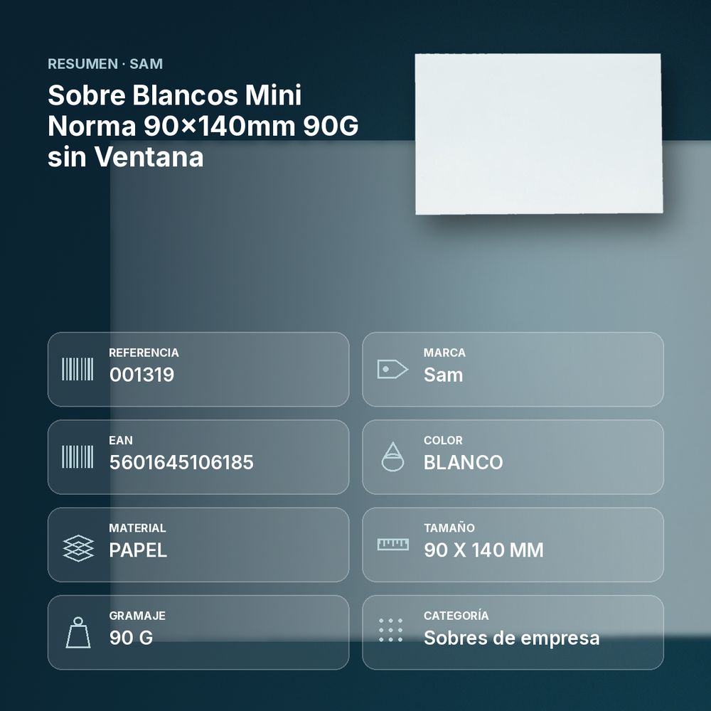 SOBRE BLANCOS MINI NORMA 90X140MM 90G SIN VENTANA - resumen de atributos
