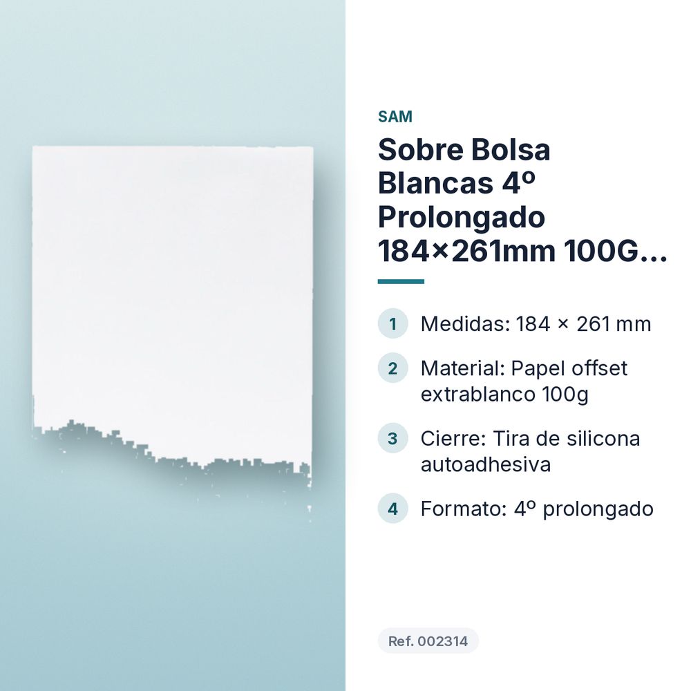 SOBRE BOLSA BLANCAS 4º PROLONGADO 184X261MM 100G CIERRE TIRA SILICONA - características principales