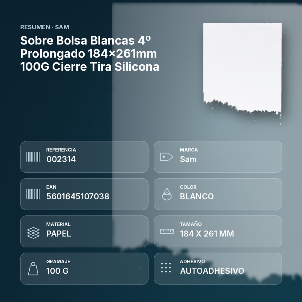 SOBRE BOLSA BLANCAS 4º PROLONGADO 184X261MM 100G CIERRE TIRA SILICONA - resumen de atributos