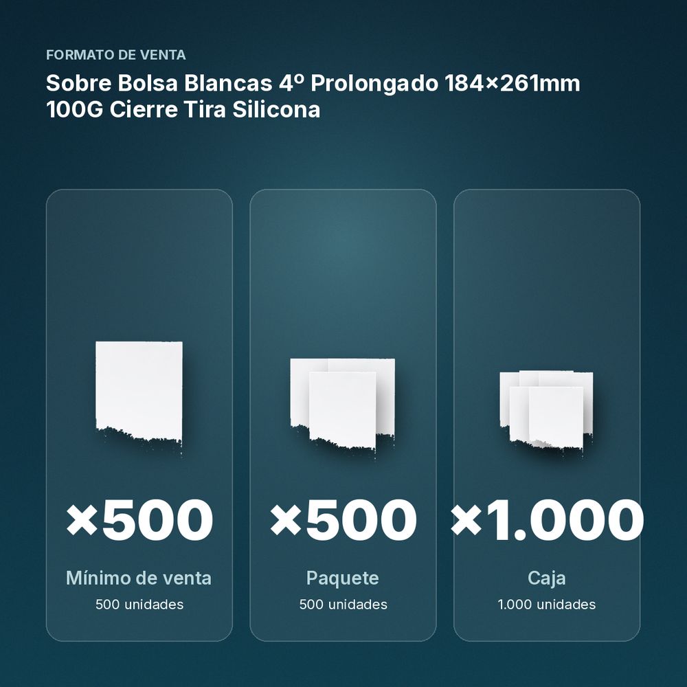 SOBRE BOLSA BLANCAS 4º PROLONGADO 184X261MM 100G CIERRE TIRA SILICONA - formato de venta: paquete de 500, caja de 1000