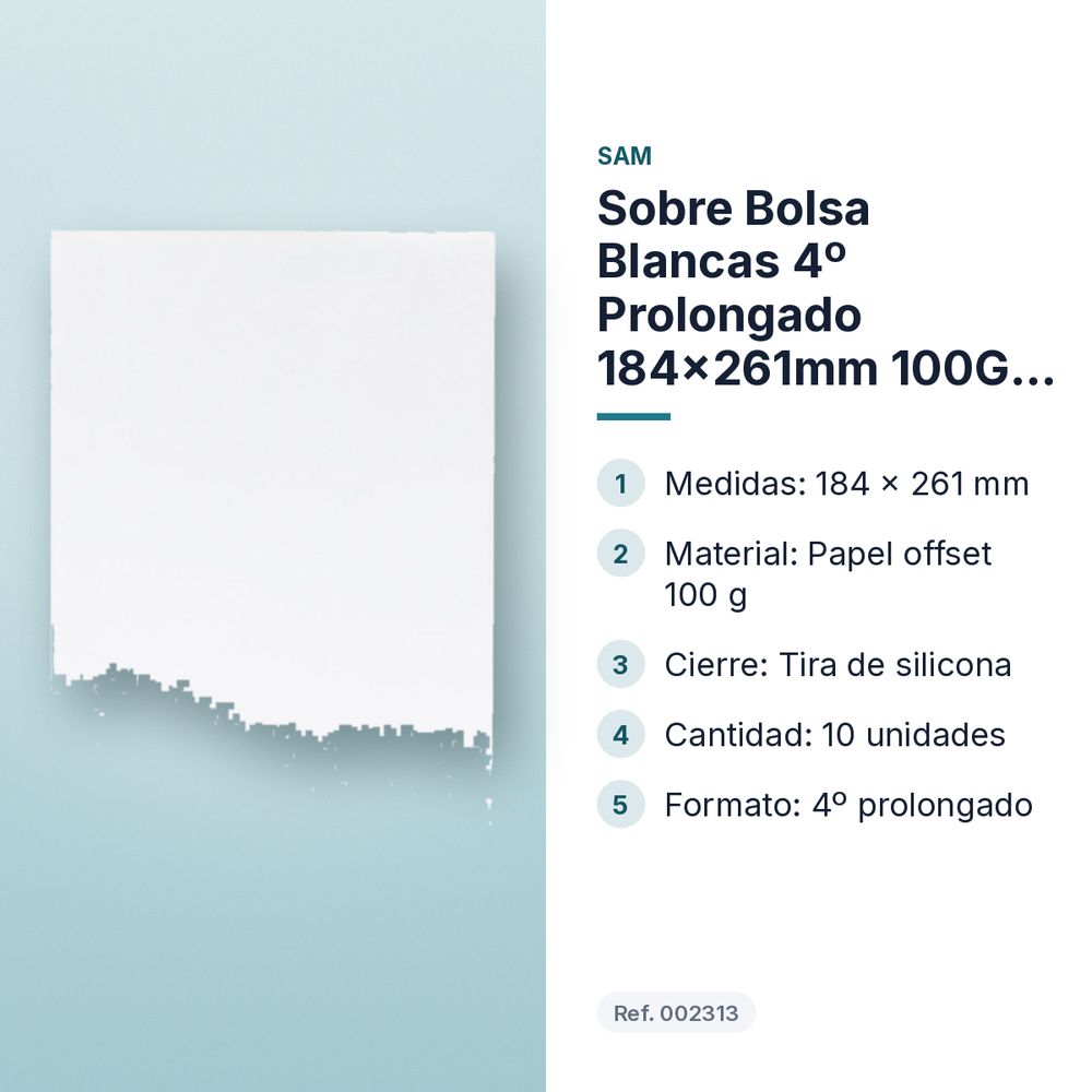 SOBRE BOLSA BLANCAS 4º PROLONGADO 184X261MM 100G CIERRE TIRA SILICONA 10 UDS - características principales