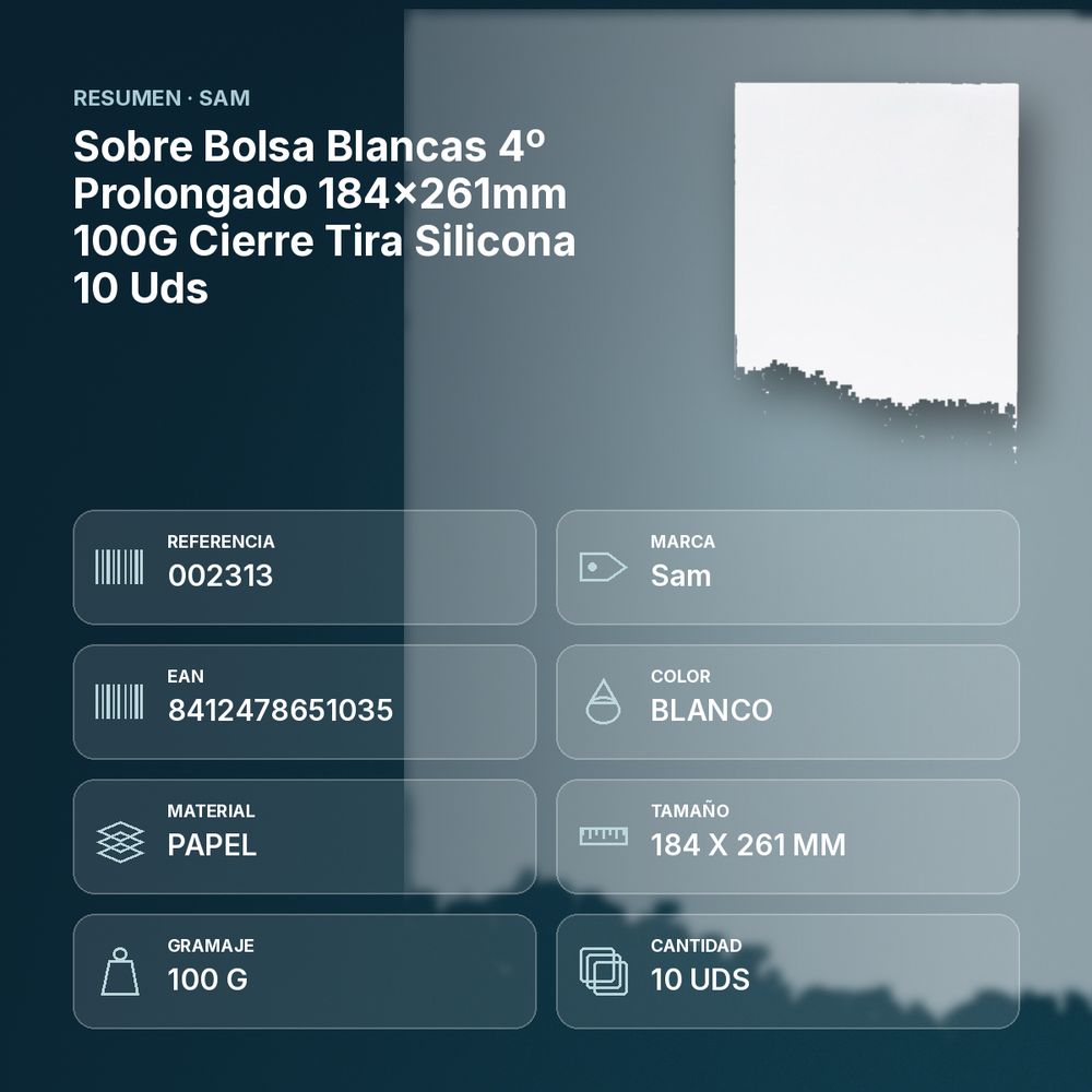 SOBRE BOLSA BLANCAS 4º PROLONGADO 184X261MM 100G CIERRE TIRA SILICONA 10 UDS - resumen de atributos
