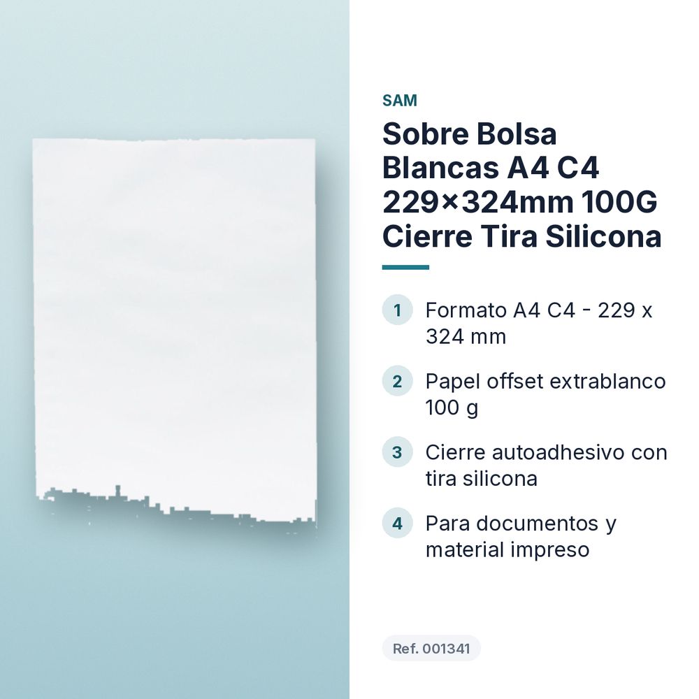 SOBRE BOLSA BLANCAS A4 C4 229X324MM 100G CIERRE TIRA SILICONA  - características principales