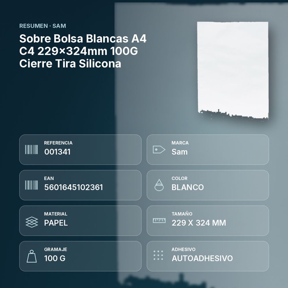 SOBRE BOLSA BLANCAS A4 C4 229X324MM 100G CIERRE TIRA SILICONA  - resumen de atributos
