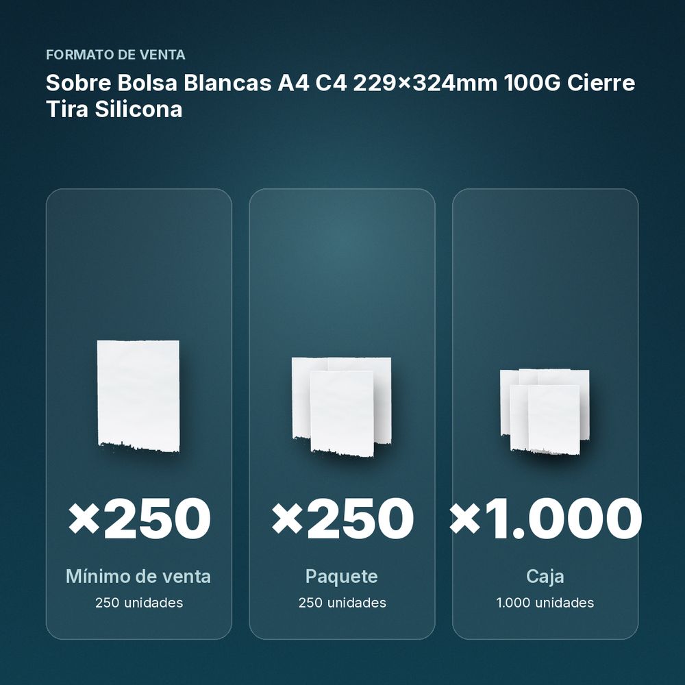 SOBRE BOLSA BLANCAS A4 C4 229X324MM 100G CIERRE TIRA SILICONA  - formato de venta: paquete de 250, caja de 1000