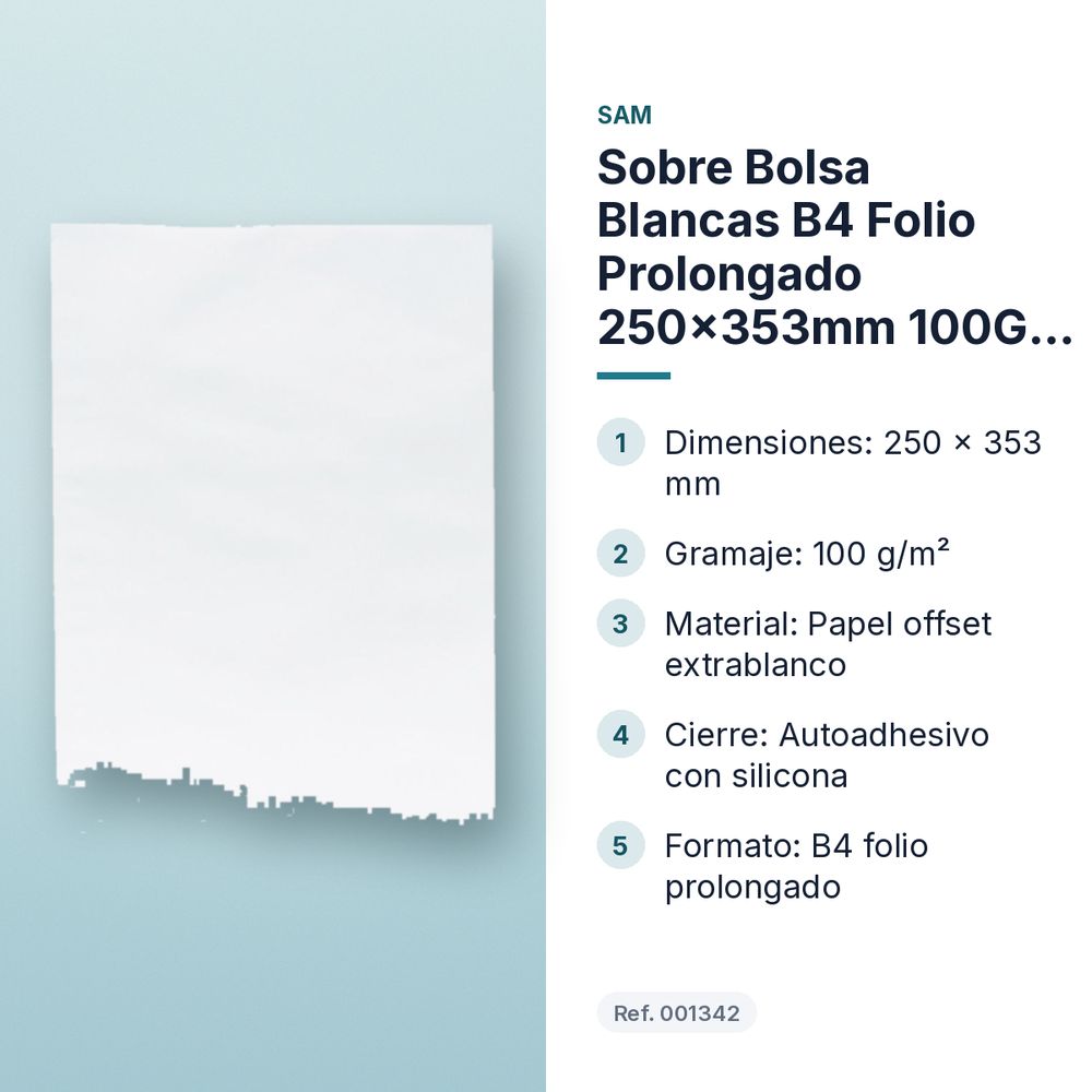 SOBRE BOLSA BLANCAS B4 FOLIO PROLONGADO 250X353MM 100G CIERRE TIRA SILICONA  - características principales
