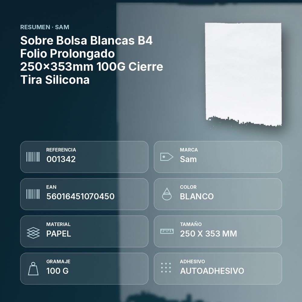 SOBRE BOLSA BLANCAS B4 FOLIO PROLONGADO 250X353MM 100G CIERRE TIRA SILICONA  - resumen de atributos