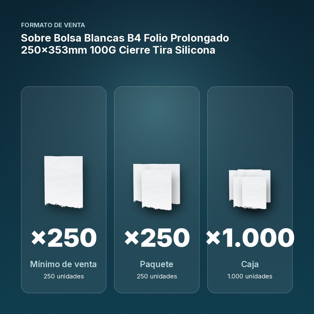SOBRE BOLSA BLANCAS B4 FOLIO PROLONGADO 250X353MM 100G CIERRE TIRA SILICONA  - formato de venta: paquete de 250, caja de 1000