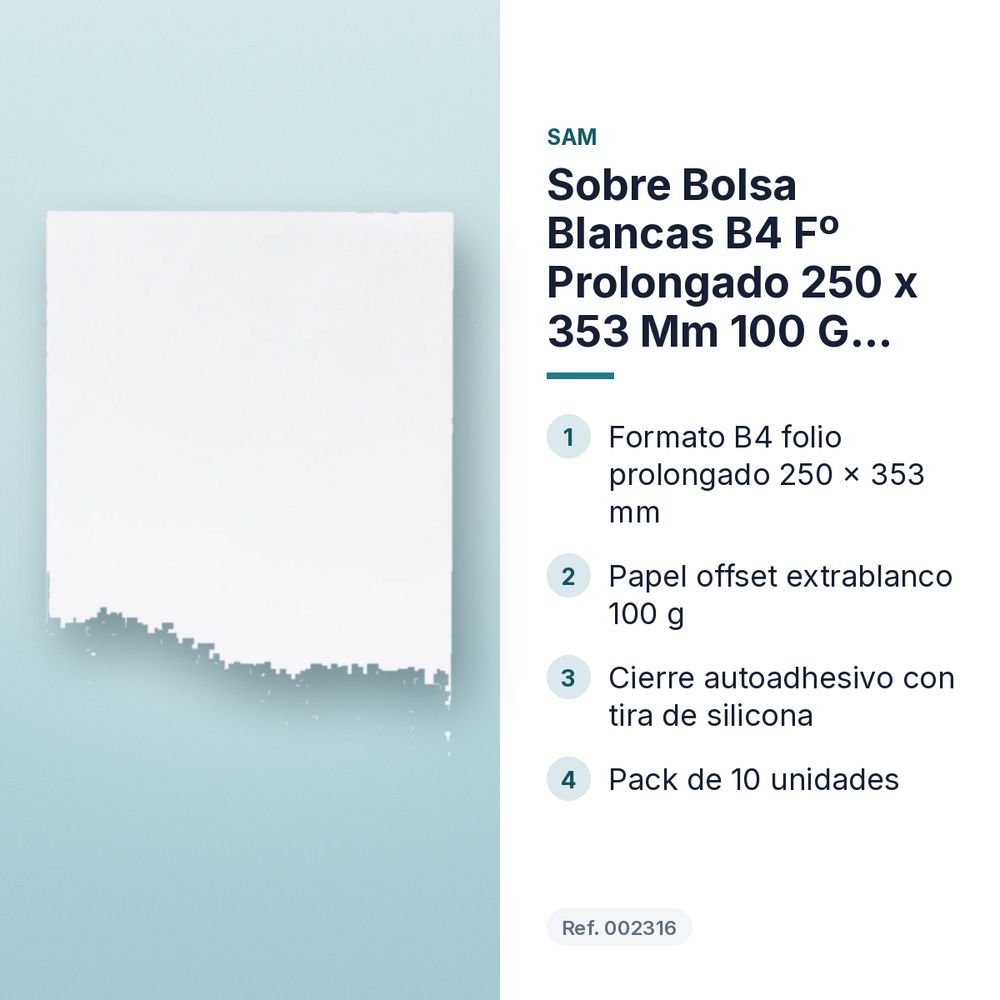 SOBRE BOLSA BLANCAS B4 Fº PROLONGADO 250 X 353 MM 100 G CIERRE TIRA SILICONA – PACK 10 UD - características principales
