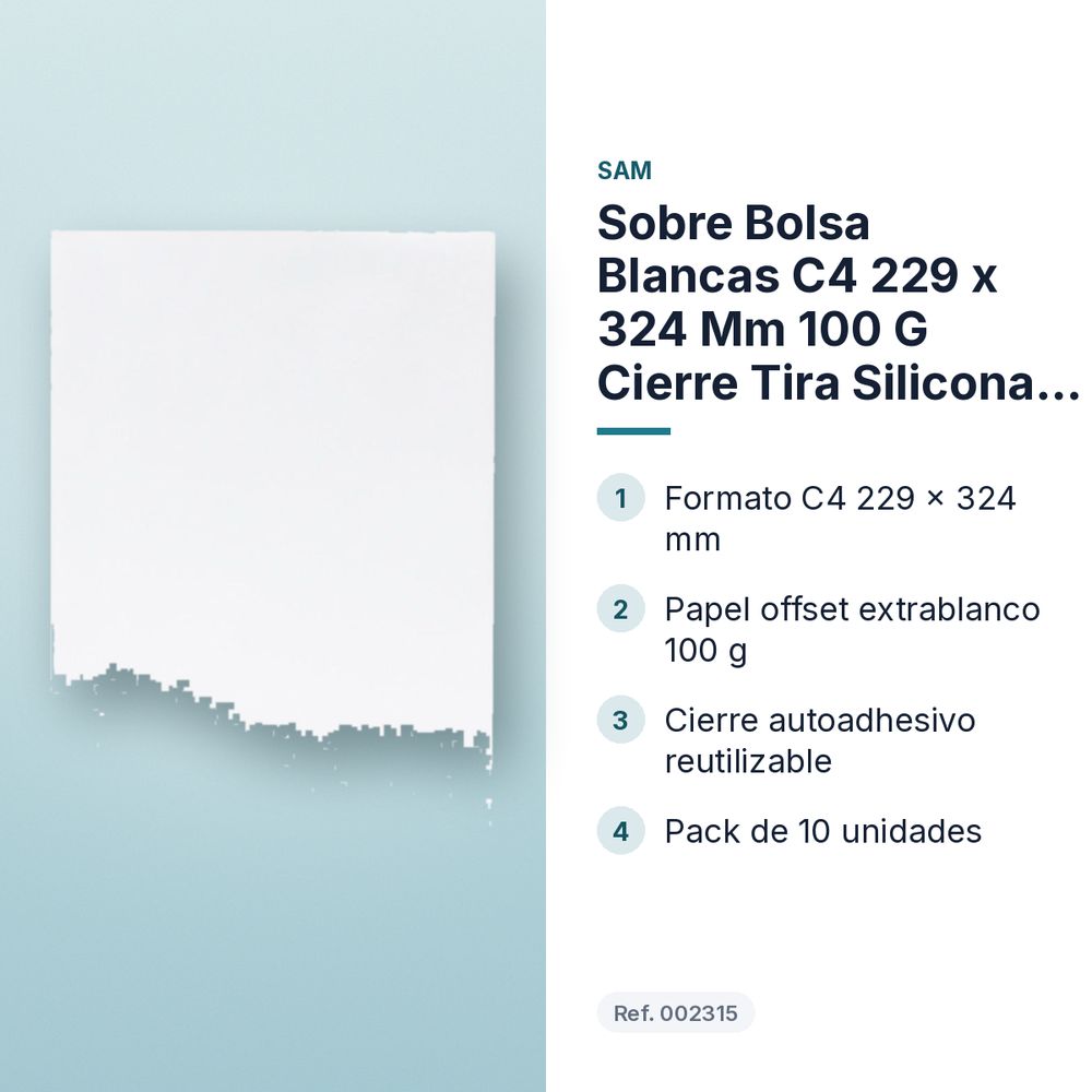 SOBRE BOLSA BLANCAS C4 229 X 324 MM 100 G CIERRE TIRA SILICONA PACK 10 UD - características principales