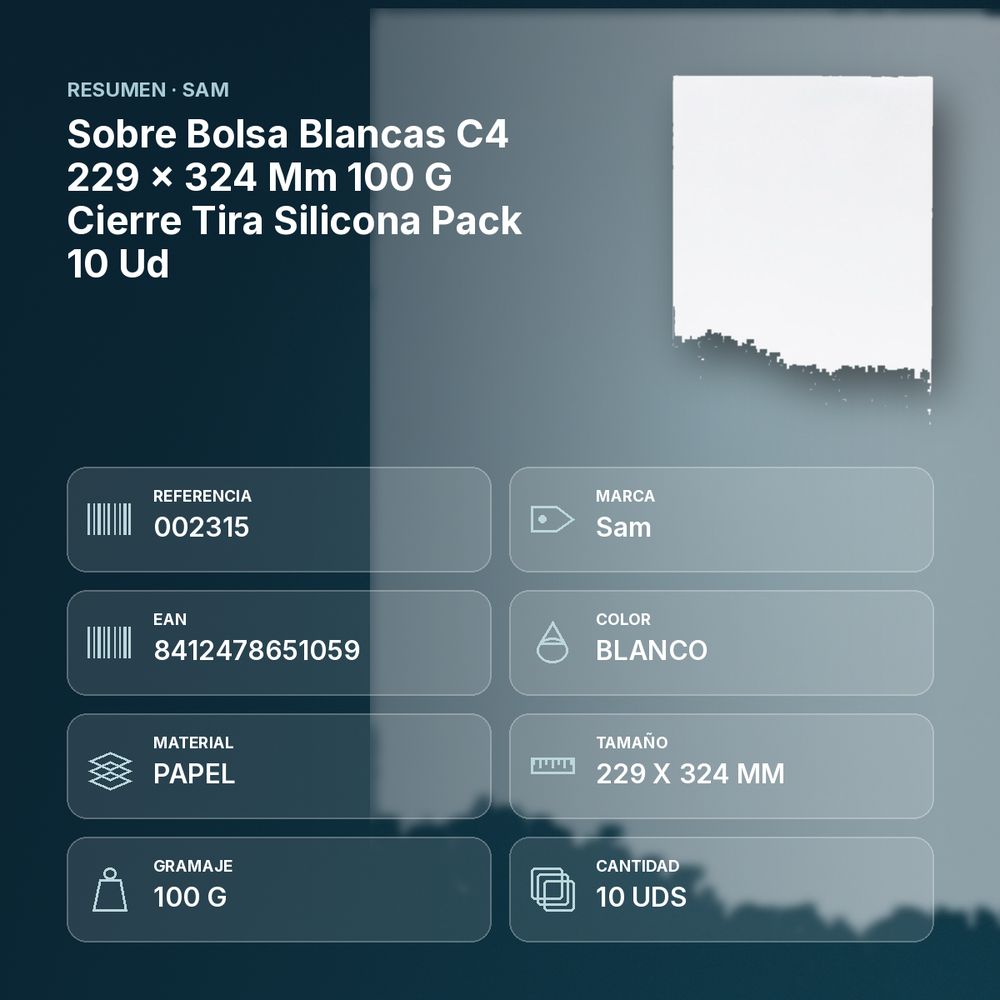 SOBRE BOLSA BLANCAS C4 229 X 324 MM 100 G CIERRE TIRA SILICONA PACK 10 UD - resumen de atributos