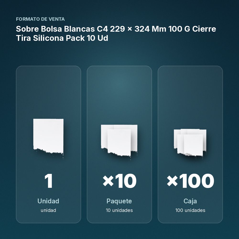 SOBRE BOLSA BLANCAS C4 229 X 324 MM 100 G CIERRE TIRA SILICONA PACK 10 UD - formato de venta: paquete de 10, caja de 100