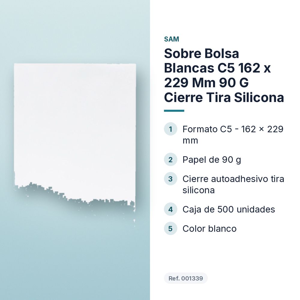 SOBRE BOLSA BLANCAS C5 162 X 229 MM 90 G CIERRE TIRA SILICONA - características principales