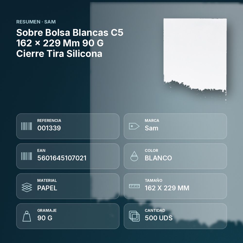 SOBRE BOLSA BLANCAS C5 162 X 229 MM 90 G CIERRE TIRA SILICONA - resumen de atributos