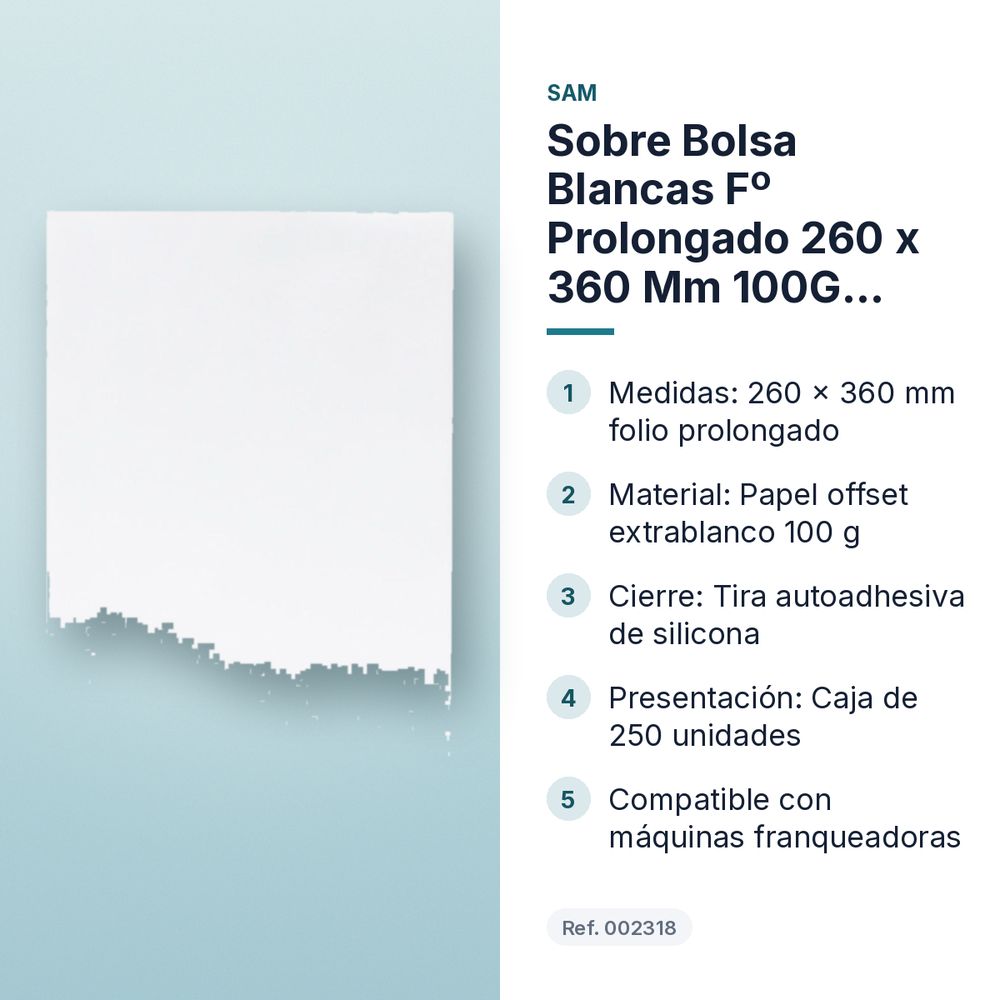 SOBRE BOLSA BLANCAS Fº PROLONGADO 260 X 360 MM 100G CIERRE TIRA SILICONA  - características principales