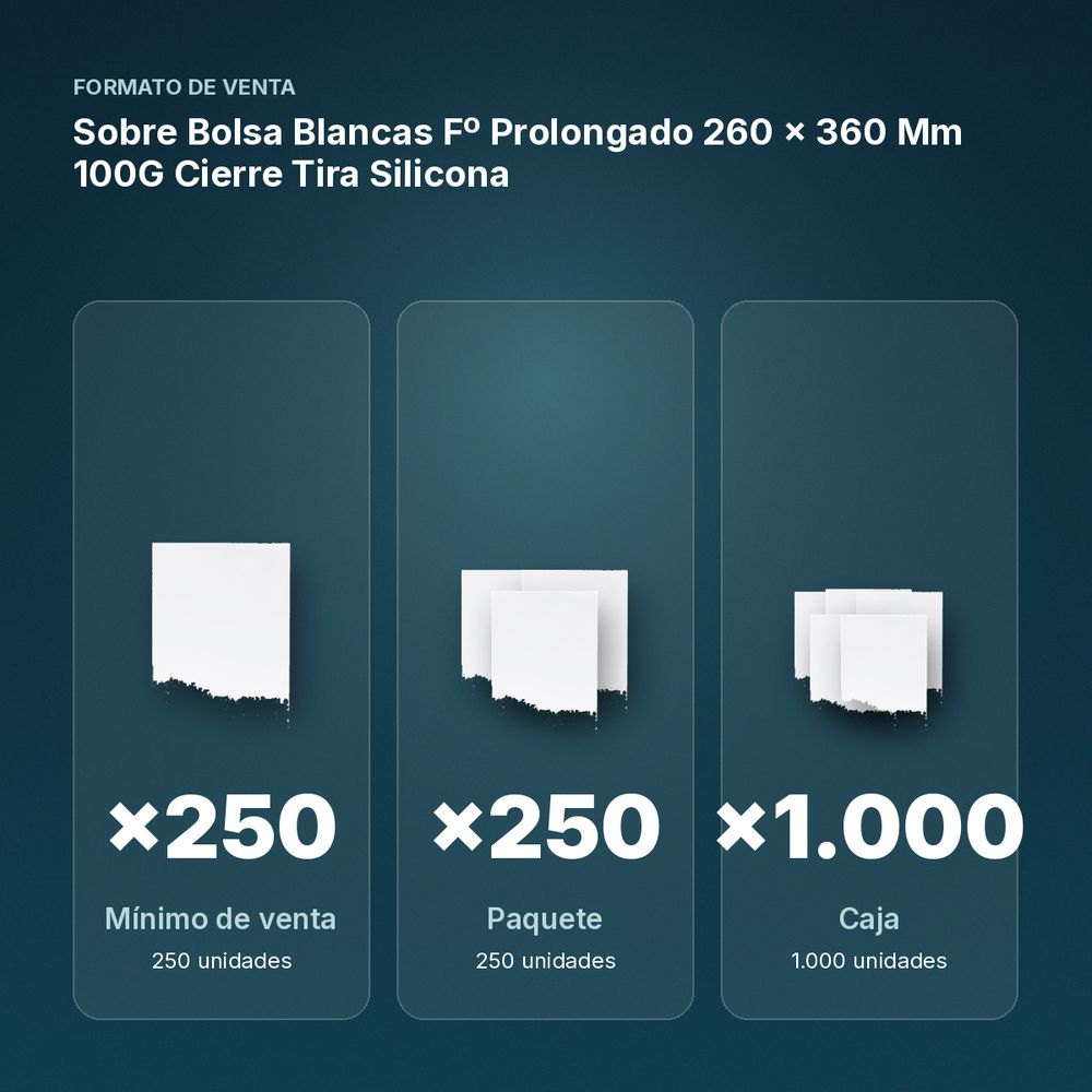 SOBRE BOLSA BLANCAS Fº PROLONGADO 260 X 360 MM 100G CIERRE TIRA SILICONA  - formato de venta: paquete de 250, caja de 1000