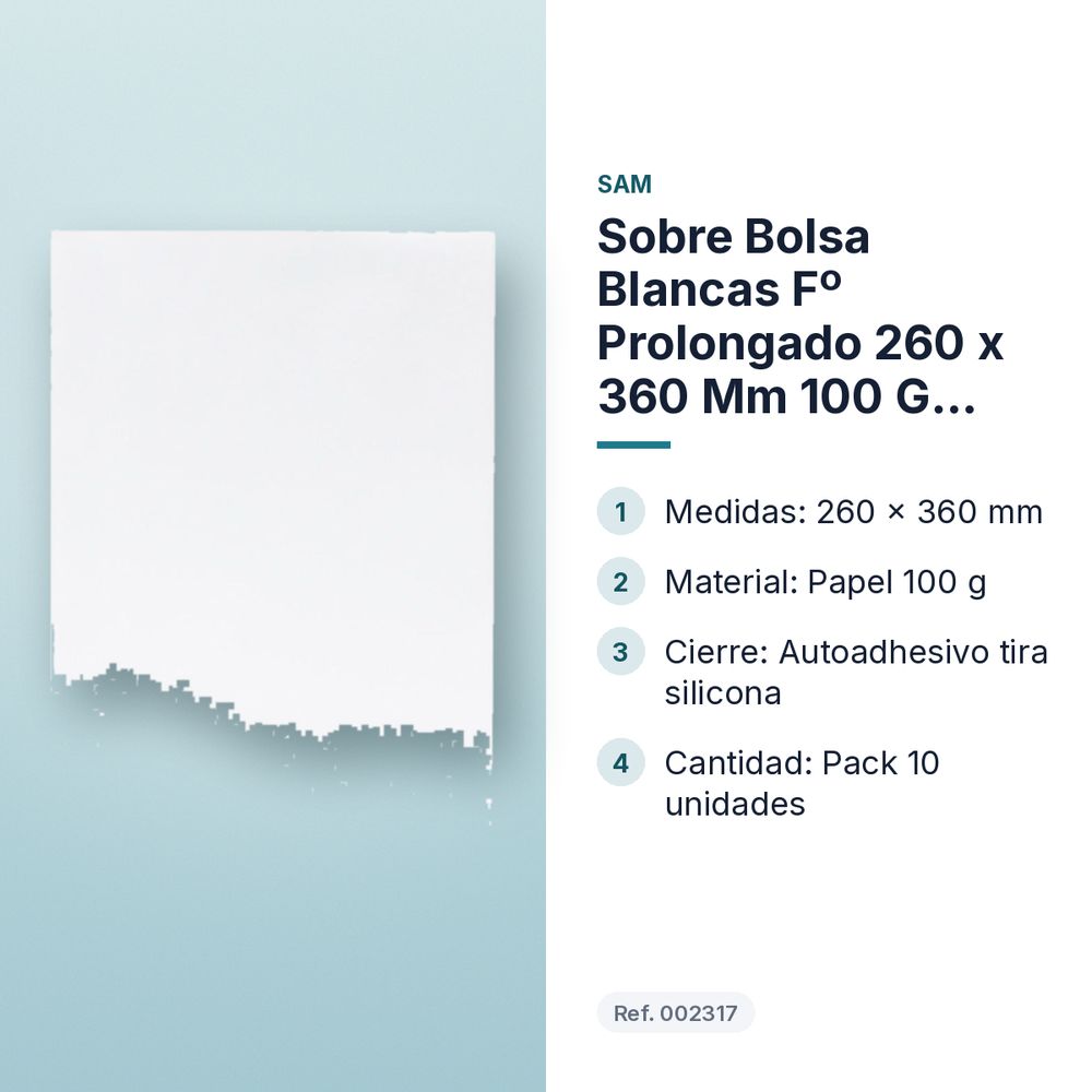 SOBRE BOLSA BLANCAS Fº PROLONGADO 260 X 360 MM 100 G CIERRE TIRA SILICONA PACK 10 UD - características principales