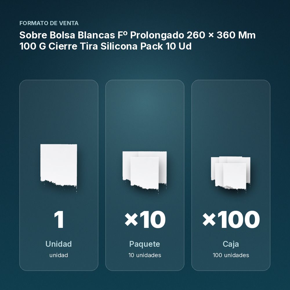 SOBRE BOLSA BLANCAS Fº PROLONGADO 260 X 360 MM 100 G CIERRE TIRA SILICONA PACK 10 UD - formato de venta: paquete de 10, caja de 100