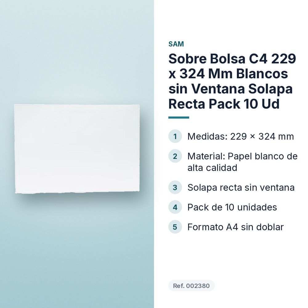 SOBRE BOLSA C4 229 X 324 MM BLANCOS SIN VENTANA SOLAPA RECTA PACK 10 UD - características principales