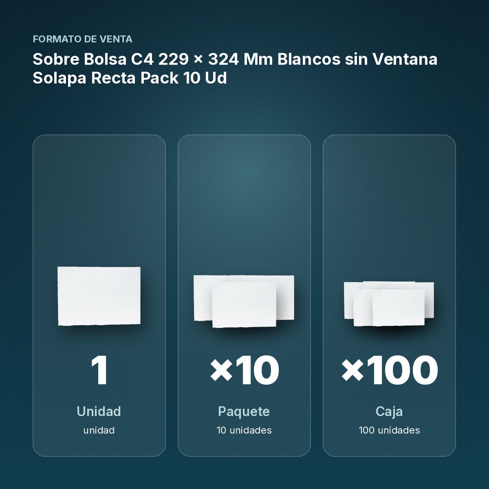 SOBRE BOLSA C4 229 X 324 MM BLANCOS SIN VENTANA SOLAPA RECTA PACK 10 UD - formato de venta: paquete de 10, caja de 100