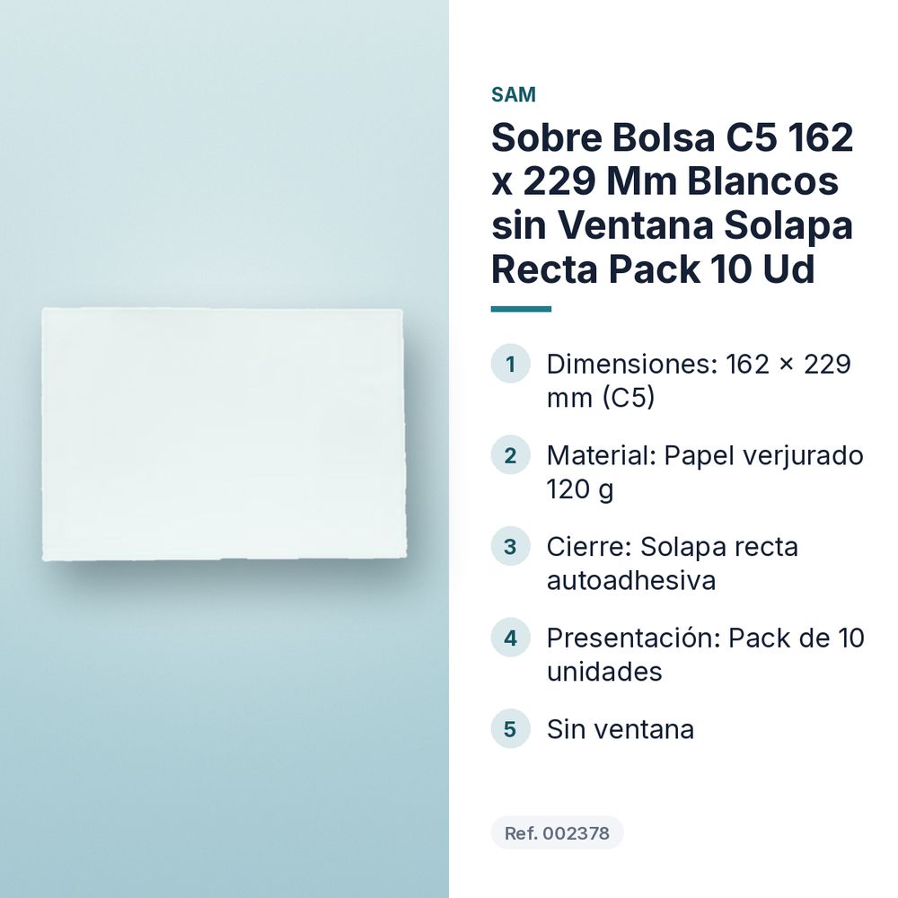 SOBRE BOLSA C5 162 X 229 MM BLANCOS SIN VENTANA SOLAPA RECTA PACK 10 UD - características principales