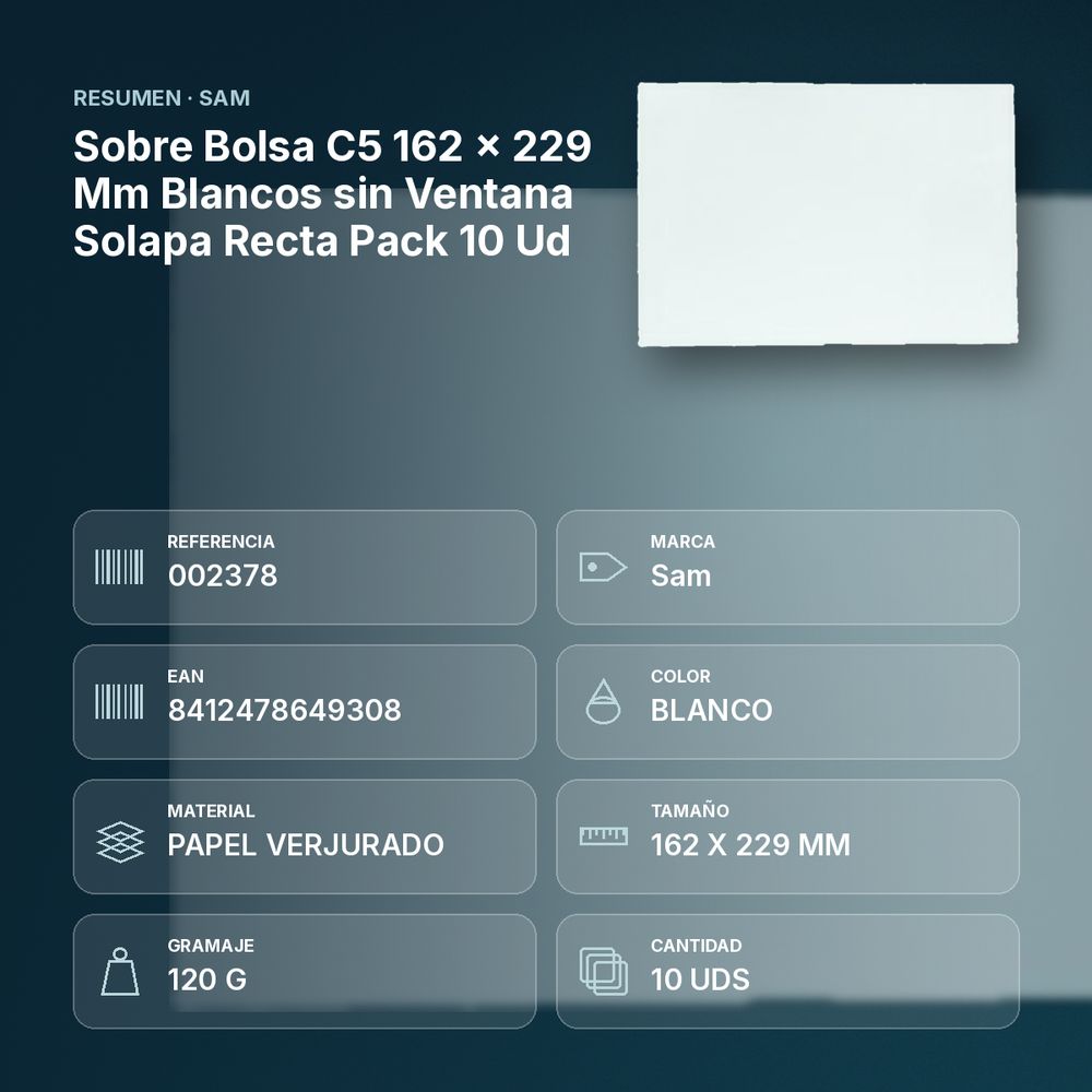 SOBRE BOLSA C5 162 X 229 MM BLANCOS SIN VENTANA SOLAPA RECTA PACK 10 UD - resumen de atributos