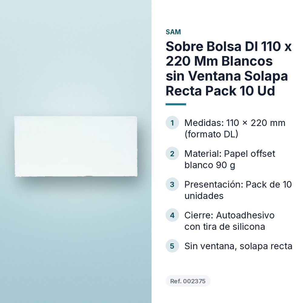 SOBRE BOLSA DL 110 X 220 MM BLANCOS SIN VENTANA SOLAPA RECTA PACK 10 UD - características principales